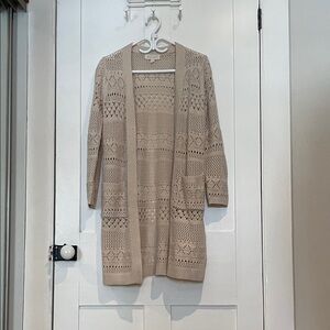 #11, Open-Knit Longline Pocket Cardigan Sweater - Beige